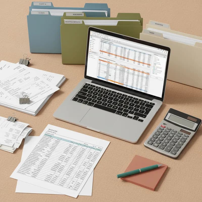 Professional bookkeeping workspace with organized financial documents and laptop