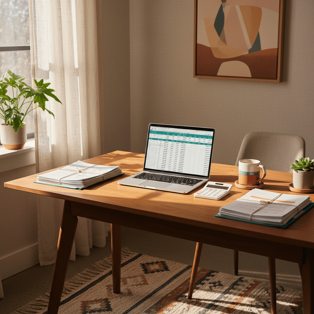 Small business owner reviewing financial documents at a warmly lit desk with calculator and laptop