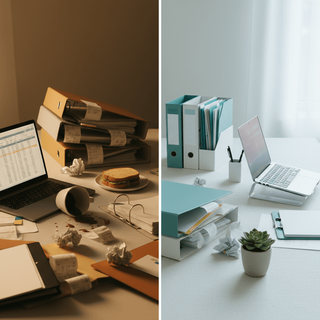 Split scene comparing cluttered DIY bookkeeping desk with organized professional workspace