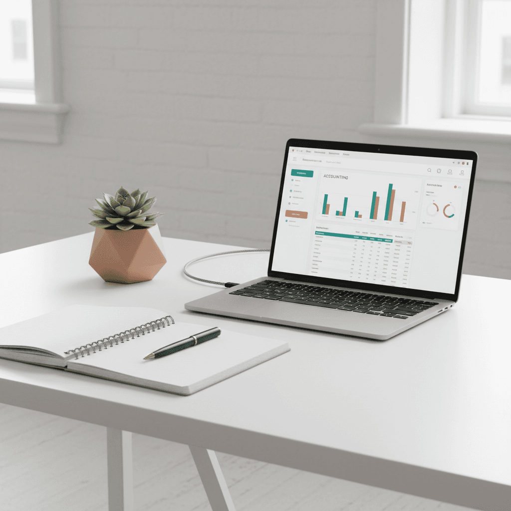 Clean modern workspace with laptop showing accounting software dashboard, notebook and succulent plant