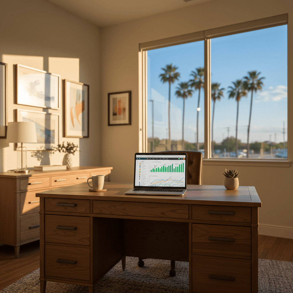 Clean organized office desk in McAllen Texas with warm natural light and palm trees visible through windows