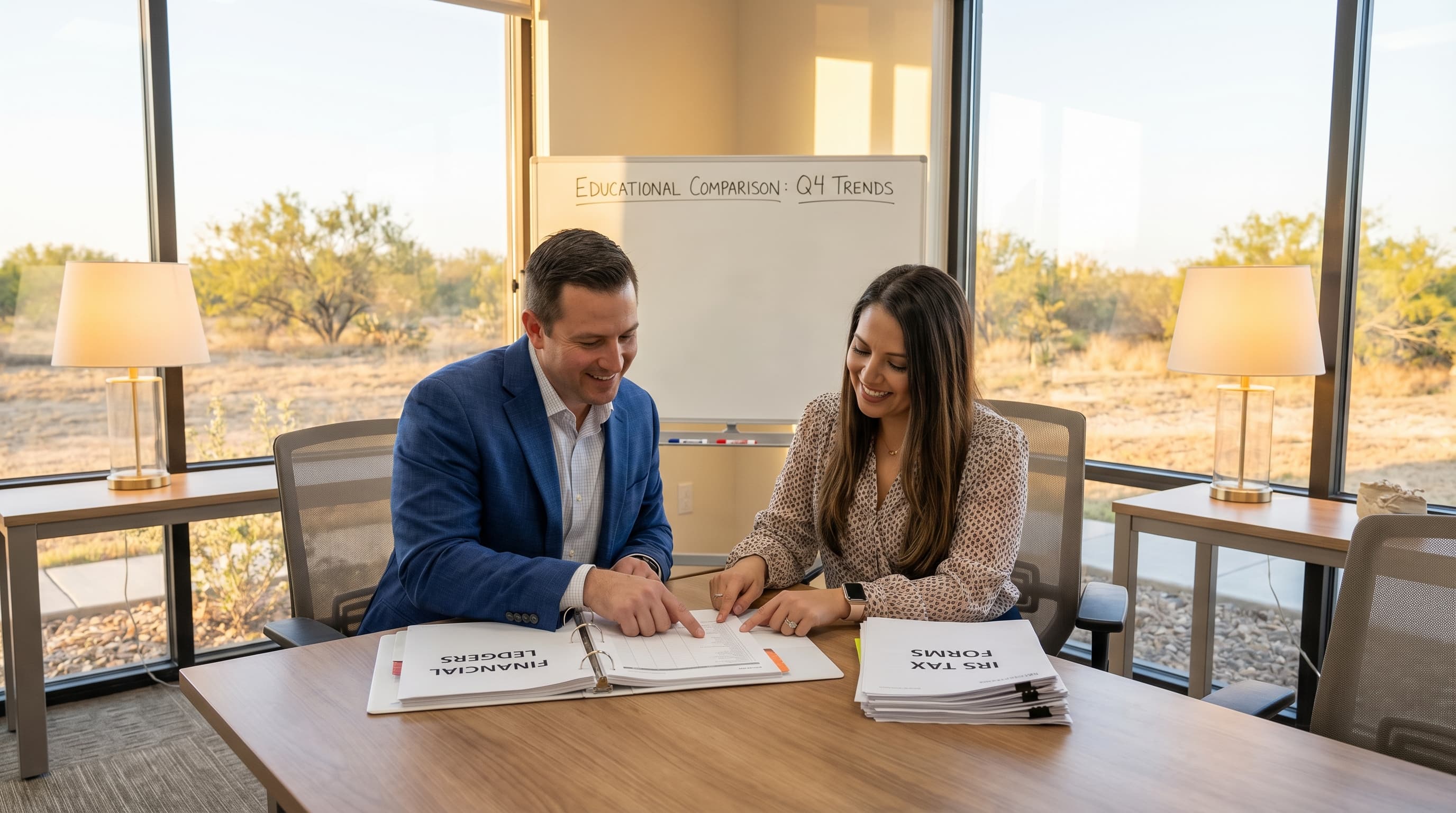 Professional bookkeeper at dual monitors showing financial dashboards