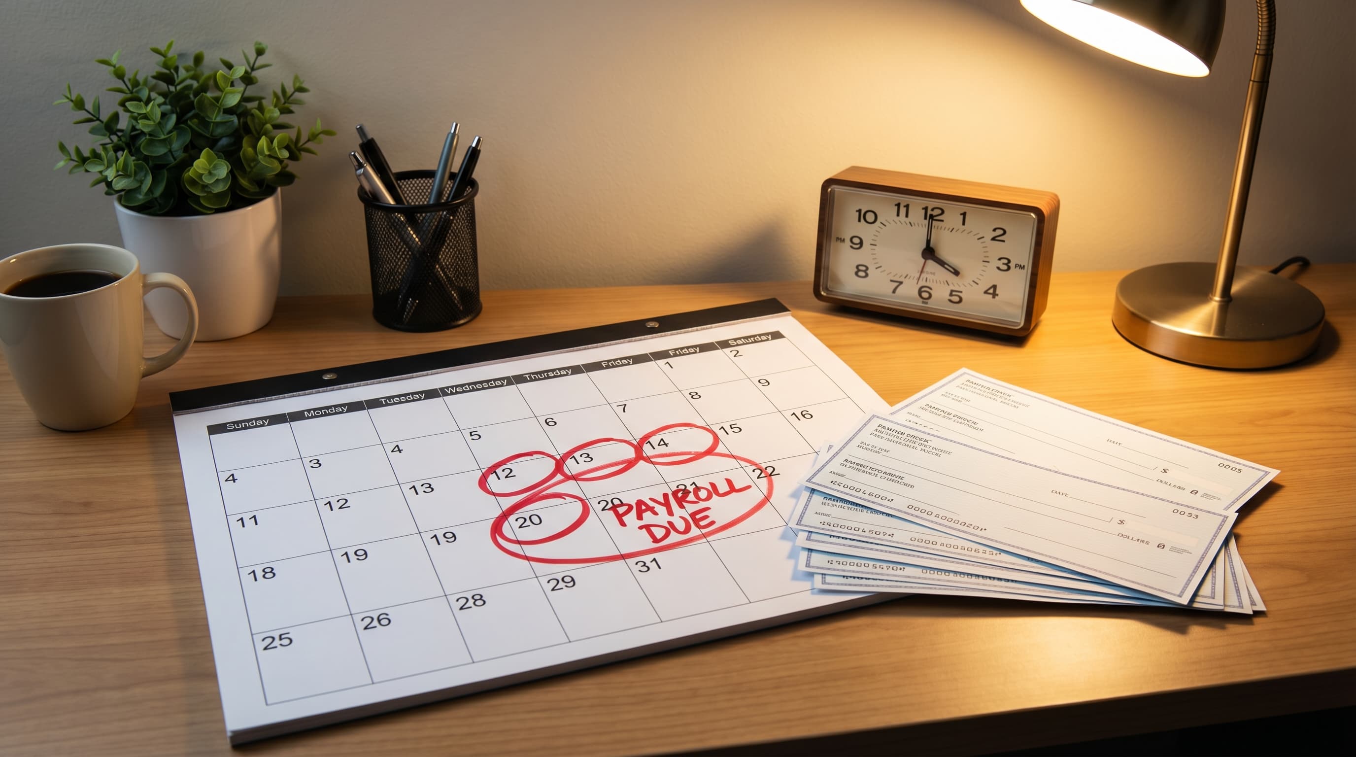 Calendar with payroll due dates circled and payroll checks spread on a professional desk