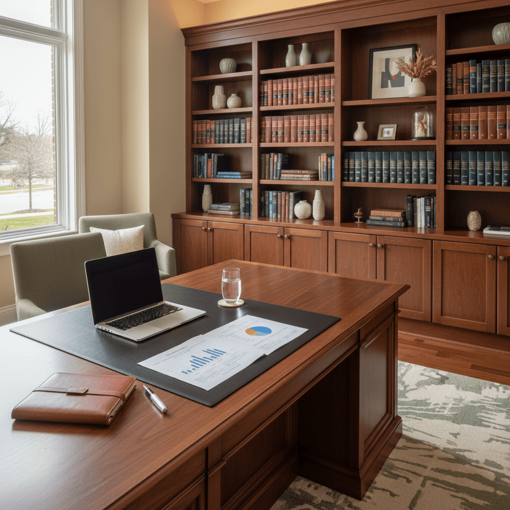 Espacio de trabajo premium con reportes financieros y estante de libros
