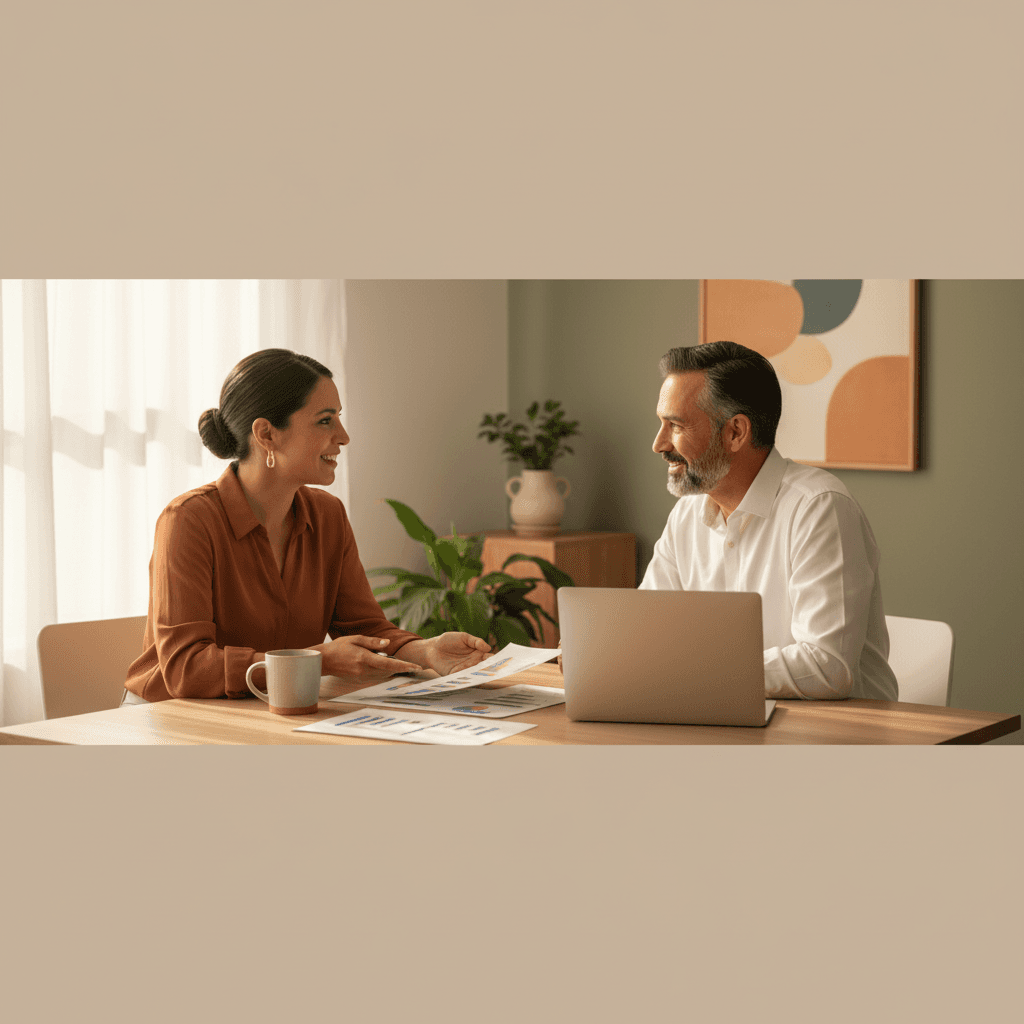 Due\u00f1o de negocio revisando reportes financieros con asesor