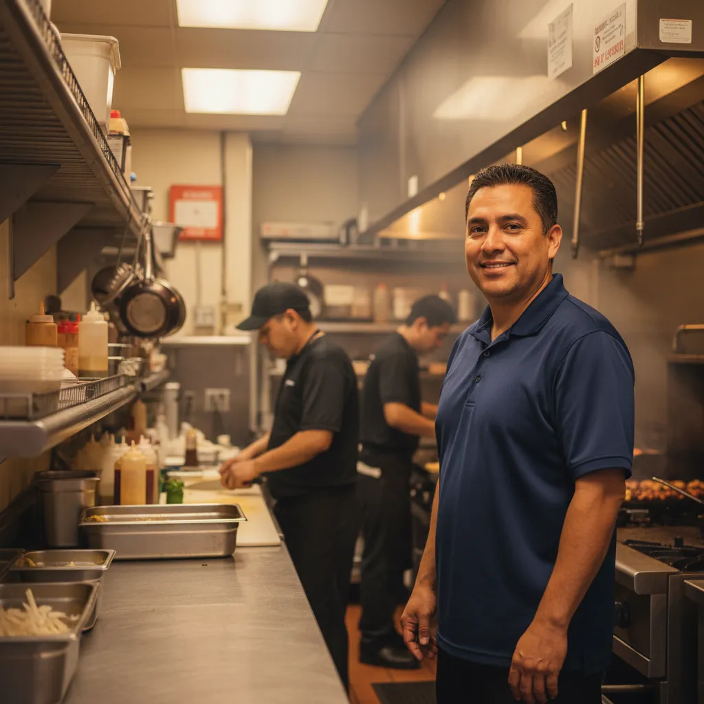 Hispanic small business owner standing confidently in their McAllen restaurant kitchen