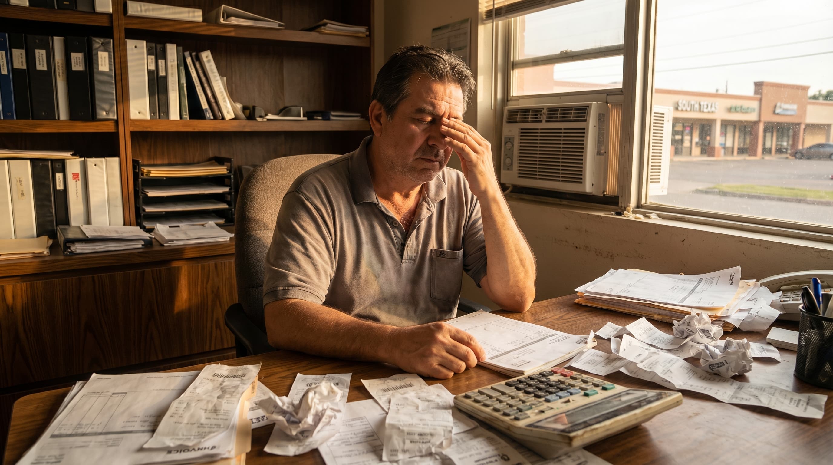 Small business owner at a desk overwhelmed by receipts and financial paperwork