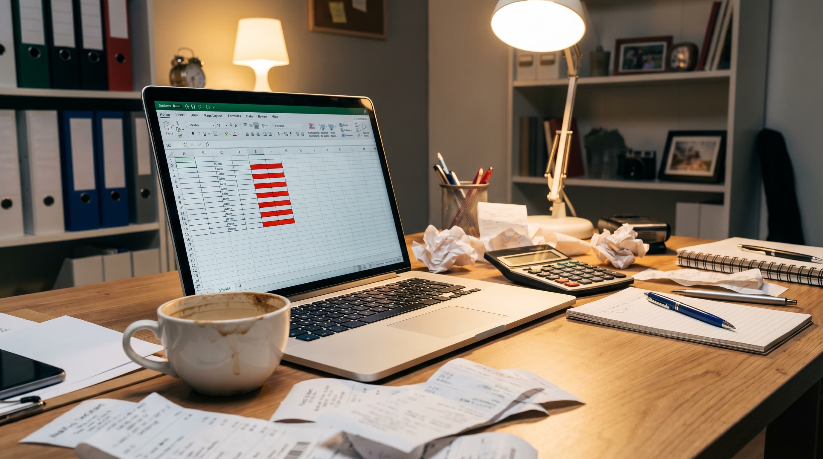 Organized workspace with laptop, expense folders, and receipt organizer